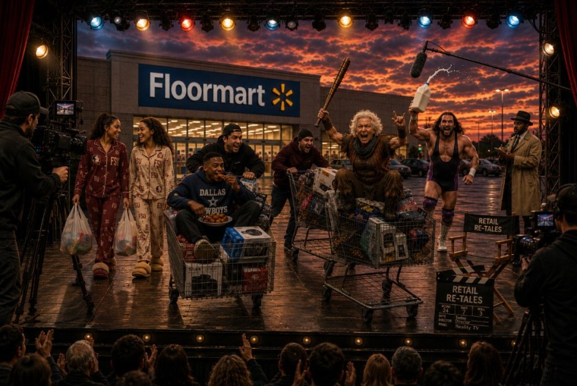 Illustrated image of miscellaneous wild activity outside of a store, but all participants are on a stage.