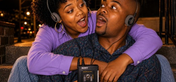Illustrated image of a young black couple listening to music together using a Sony Walkman