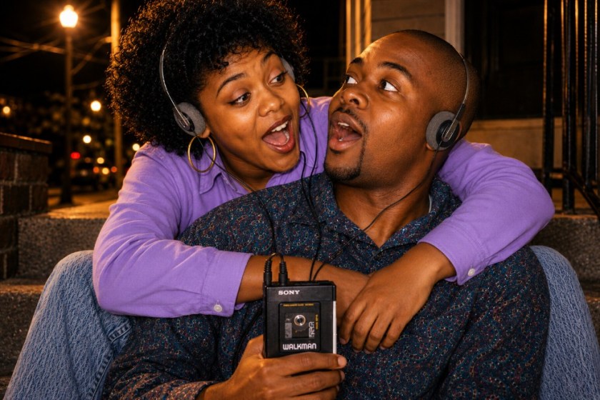 Illustrated image of a young black couple listening to music together using a Sony Walkman