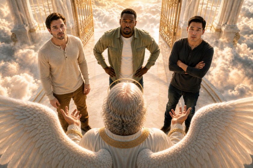 Illustrated image of a trio of men, hoping to get into heaven.