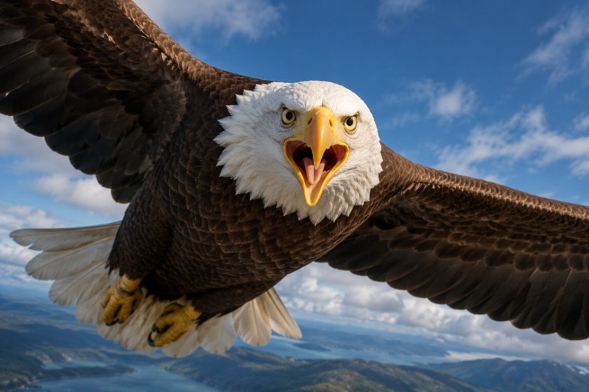 Illustrated image of a bald eagle, soaring to earth.