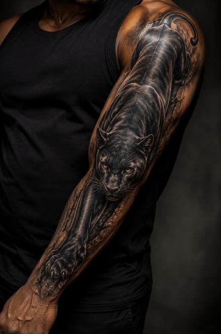 Illustrated image of a tattoo of a black panther crawling down the arm of a man.