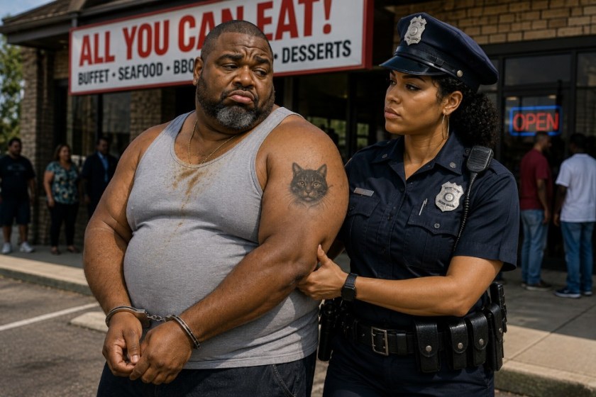 Illustrted image of a tattooed overweight black man getting arrested by a sexy female cop