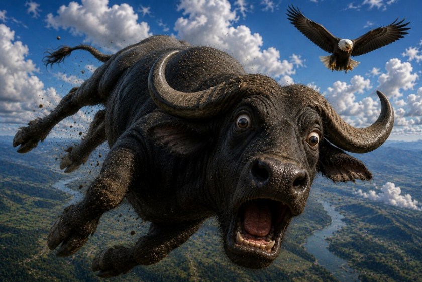 Illustrated image of a falling water buffalo