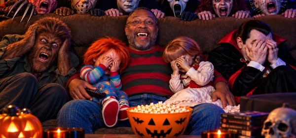Illustrated image of an array of horror movie characters around a black man on a couch, watching a horror movie.