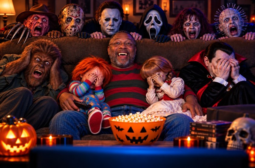 Illustrated image of an array of horror movie characters around a black man on a couch, watching a horror movie.