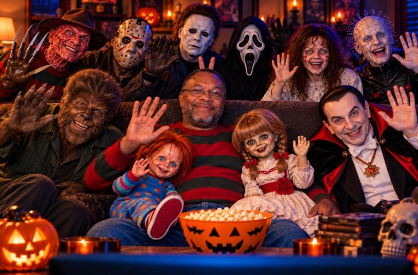 Illustrated image of an array of horror movie characters around a black man on a couch, watching a horror movie. All waving.